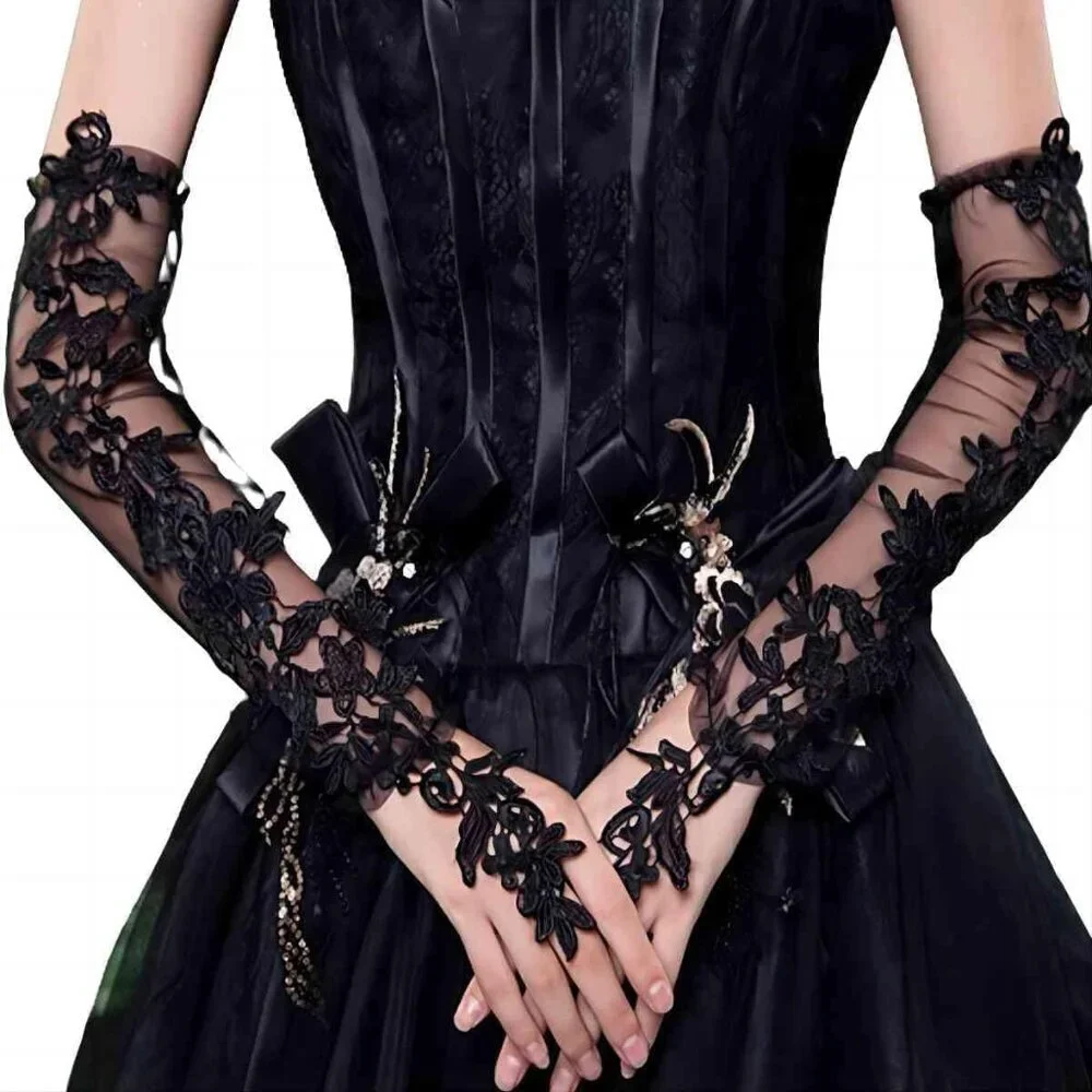 Women's Black Lace Fingerless Gloves Bridal Wedding Prom Costume Accessory